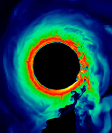 A of simulation of the accretion of a white dwarf onto a double white dwarf system. Created by graduate student James Guillochon.